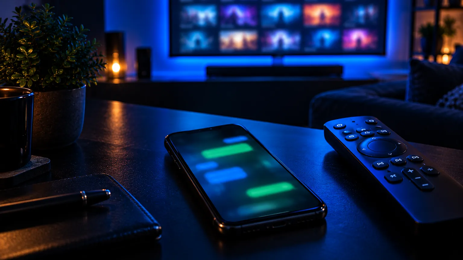 Smartphone with a chat conversation next to a TV remote on a dark desk, television glowing in the background