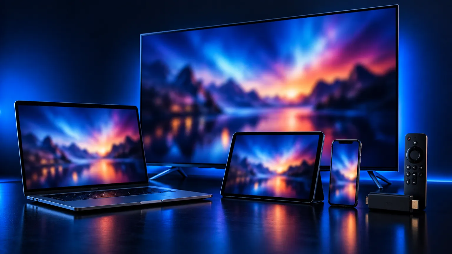 Smart TV, laptop, tablet, smartphone and streaming stick with remote, all showing the same colourful stream