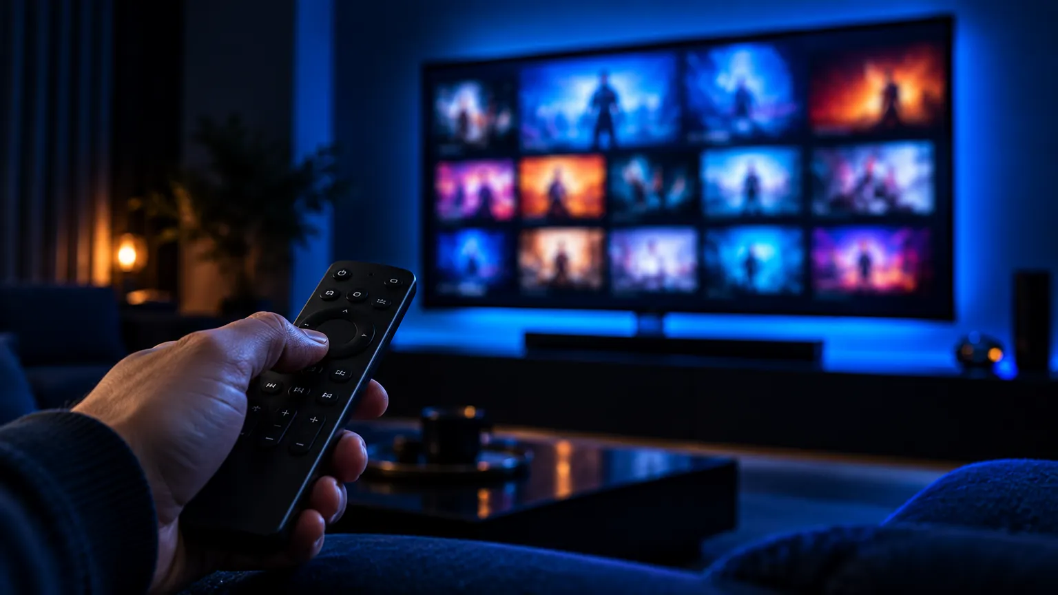 Hand pointing a remote control at a glowing TV showing a grid of streaming thumbnails in a dark living room