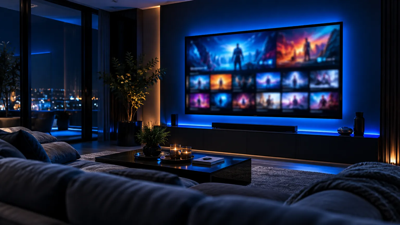 Modern living room at night with a large glowing TV showing a streaming selection, lit by blue LED accents