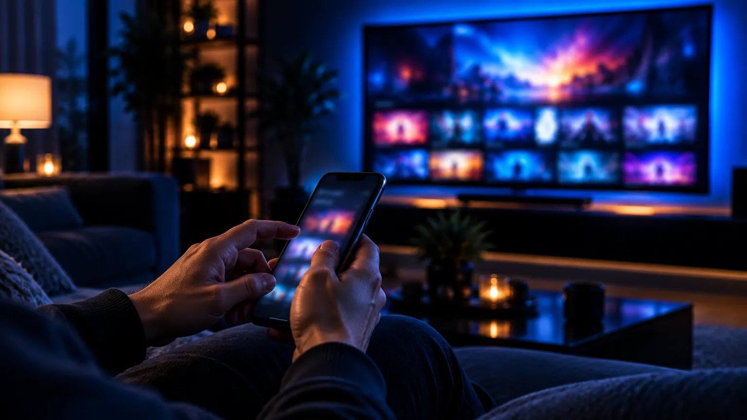 Hands using a smartphone on a sofa while a TV with a streaming menu glows in the background
