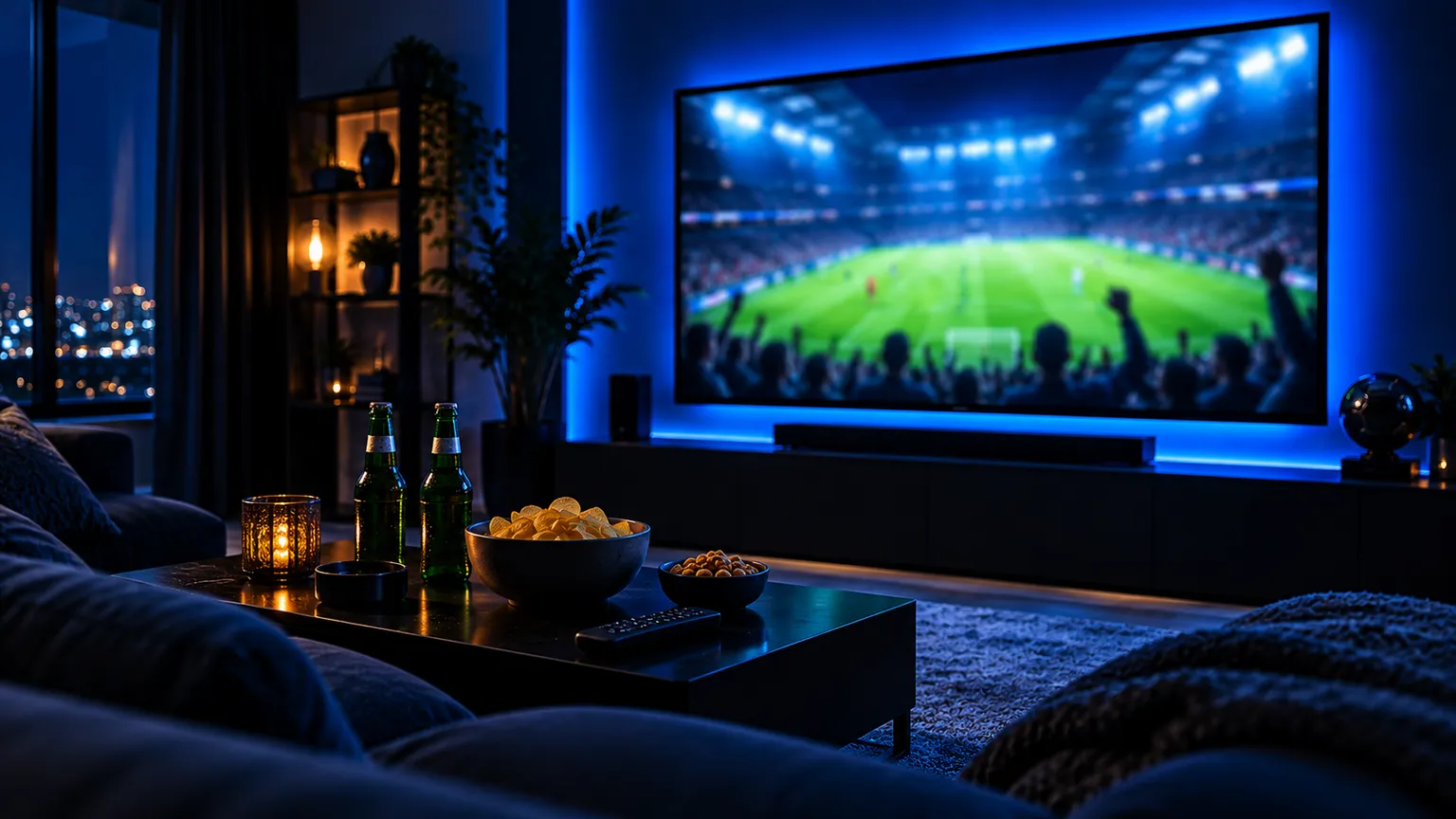 Living room on a match night: a big TV glowing with a football stadium, snacks and drinks on the coffee table